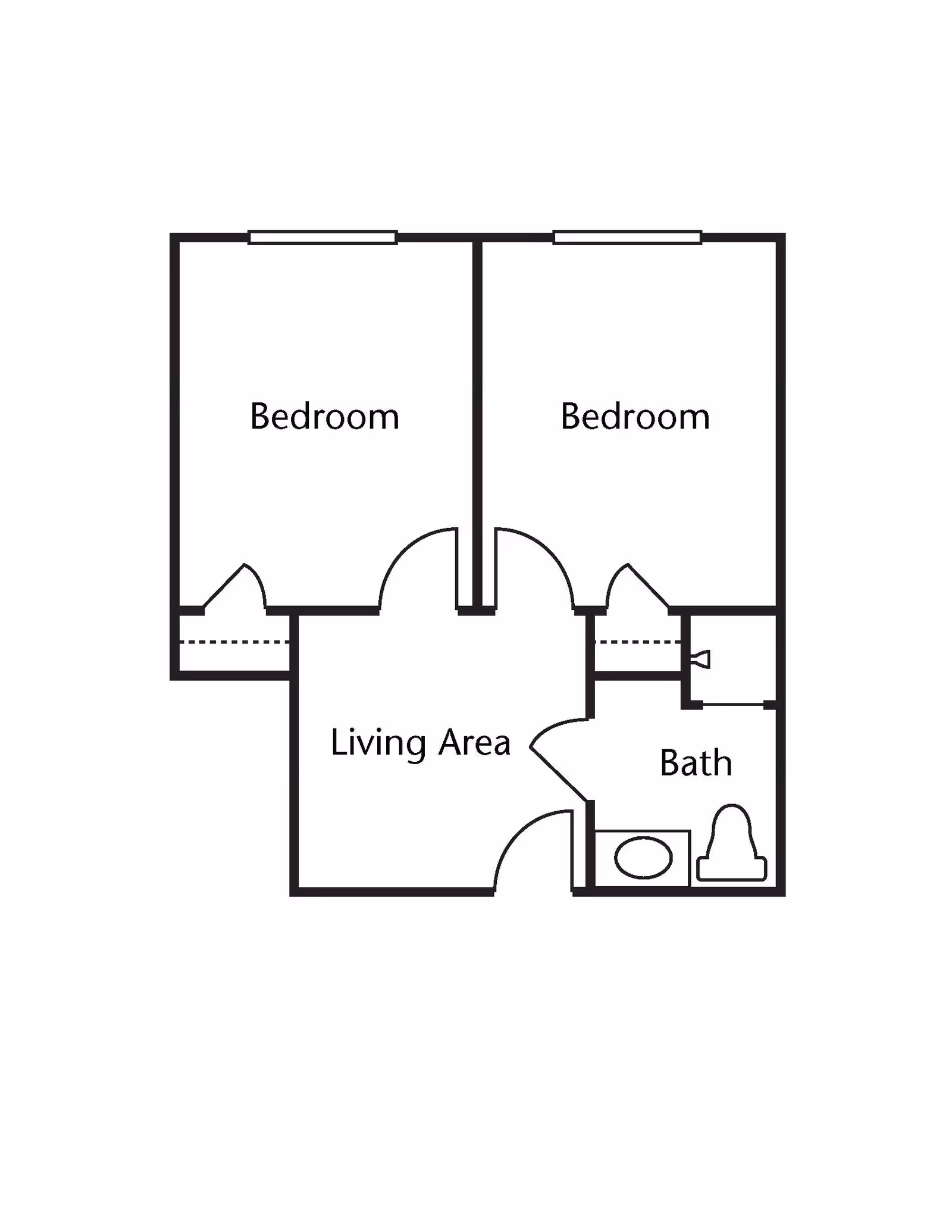 Floor plan showing two bedrooms, a living area, and a bathroom with a toilet and sink.