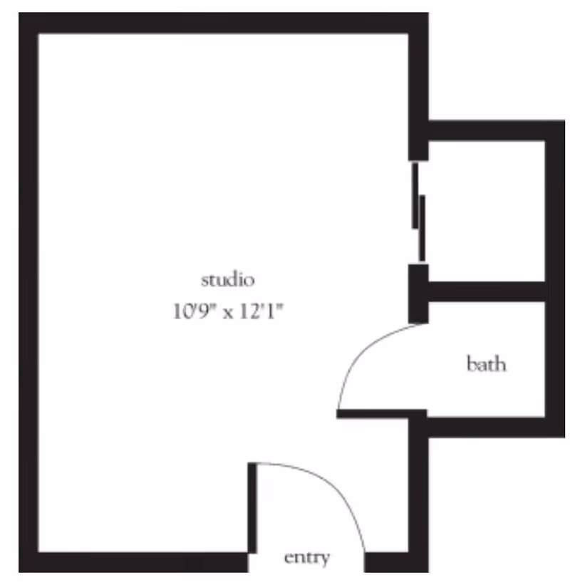 Floor plan of a studio apartment measuring 10 feet 9 inches by 12 feet 1 inch, with an entry door leading into the studio space and a separate bath area accessible from the studio.