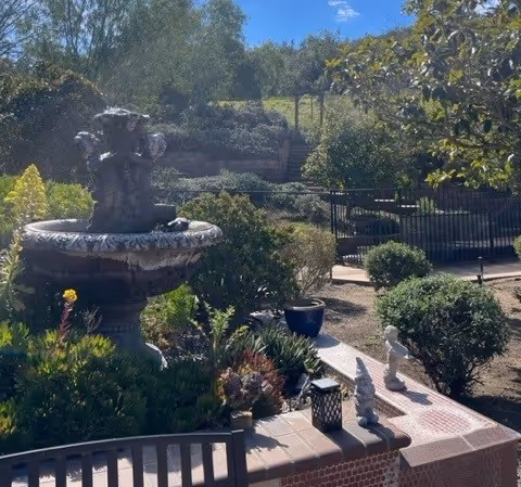 Outdoor garden area with a decorative stone fountain, various plants and shrubs, small statues, a black metal fence, and a bench in the foreground under a clear blue sky.