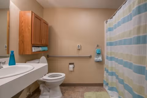 A clean bathroom with a white toilet, a white sink with a blue soap dispenser, a wooden cabinet mounted on the wall with folded towels, a grab bar next to the toilet, a toilet paper holder, a towel ring with a hand towel, and a shower with a striped shower curtain in shades of blue, green, and white. The floor is tiled and there is a green bath mat in front of the shower.