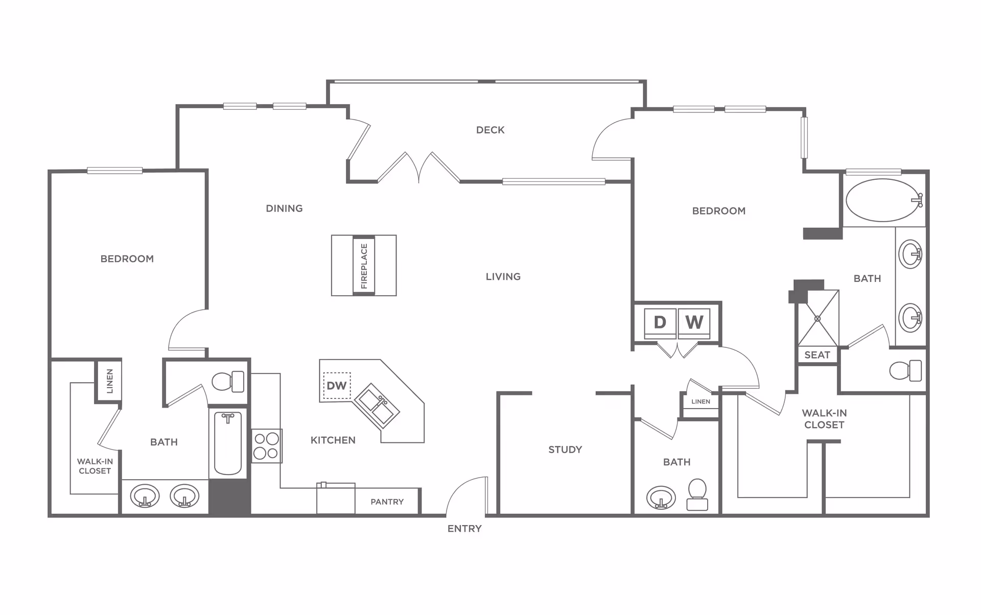 Architectural floor plan of a residential unit at San Sebastian showing two bedrooms, three bathrooms, a kitchen with pantry and dishwasher, a dining area, living room with fireplace, study, deck, walk-in closets, and laundry area with washer and dryer.