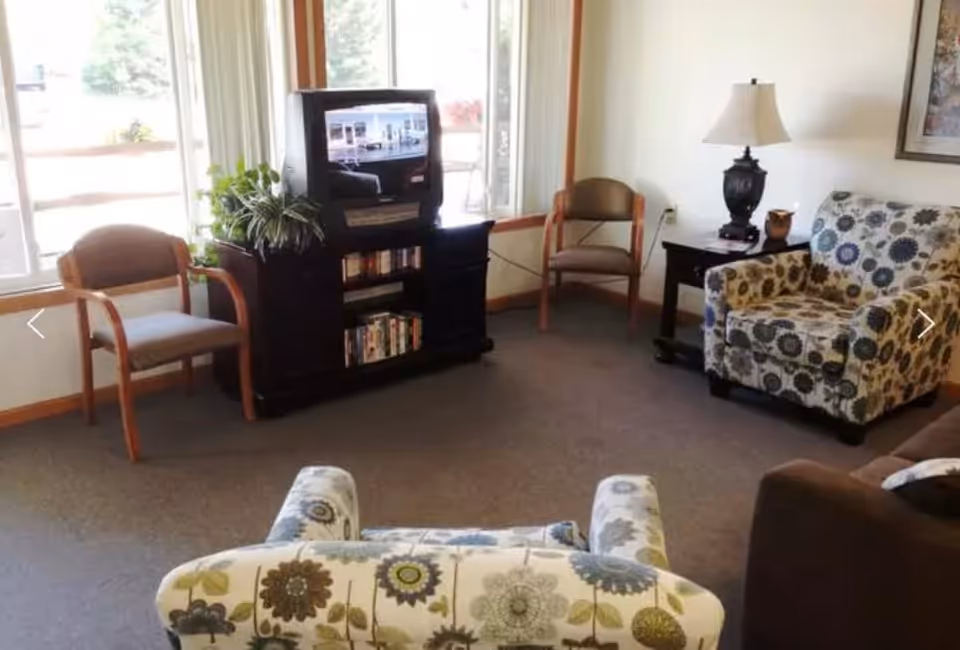 A cozy living room with two floral patterned armchairs, a brown sofa, two wooden chairs with cushions, a dark wooden TV stand with a television and DVDs, a side table with a lamp, and large windows letting in natural light.