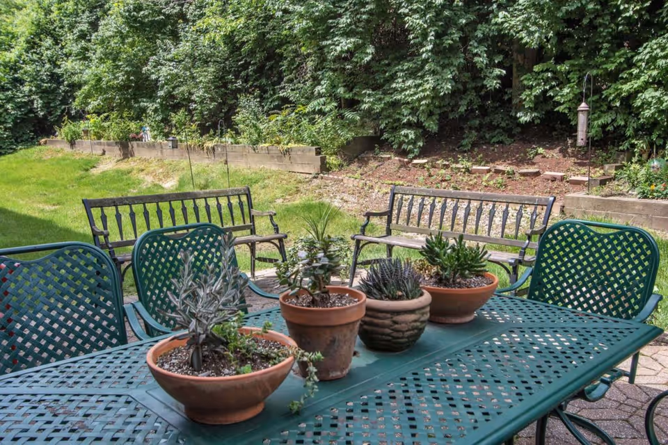 Patio with a green metal table and chairs topped with potted succulents, two wooden benches, and a leafy backyard.