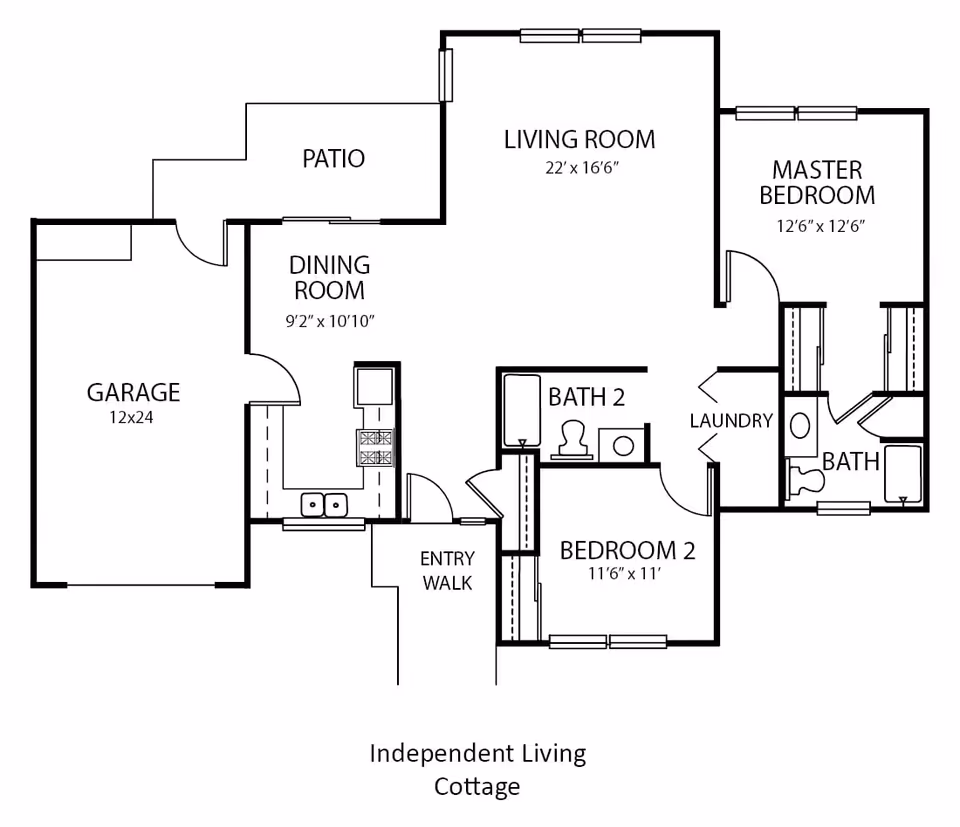 Floor plan of an independent living cottage showing a garage, patio, dining room, kitchen, living room, master bedroom with attached bath, second bedroom, second bath, laundry area, and entry walk.