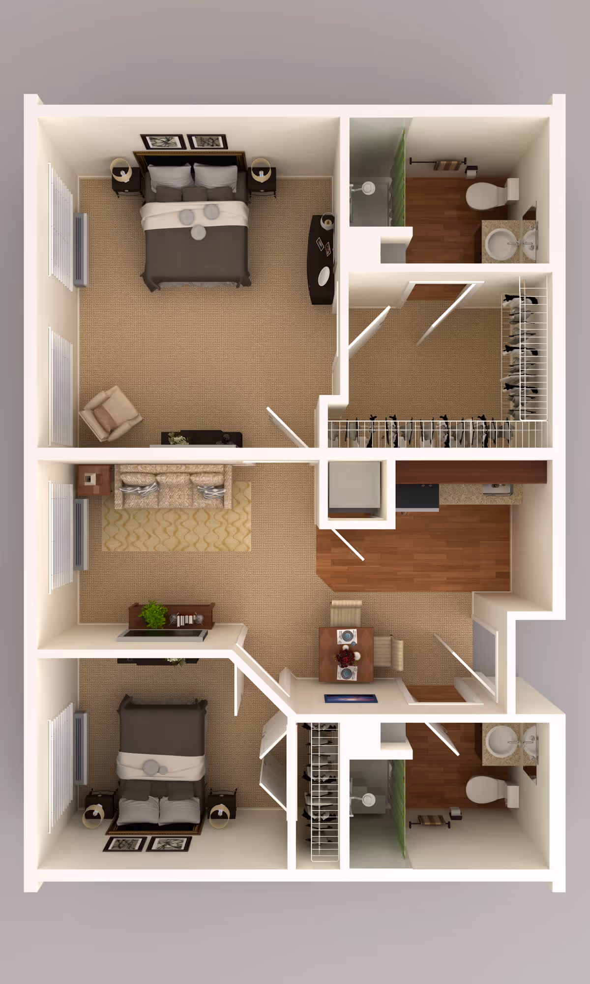 Top-down view of a two-bedroom apartment floor plan featuring two bedrooms with beds and nightstands, two bathrooms with showers, a living room with a sofa and armchair, a dining area with a table and chairs, a kitchen with appliances, and closets.