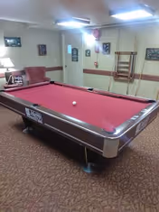 A red-felt pool table in a carpeted recreation room with cues on the wall and framed pictures.
