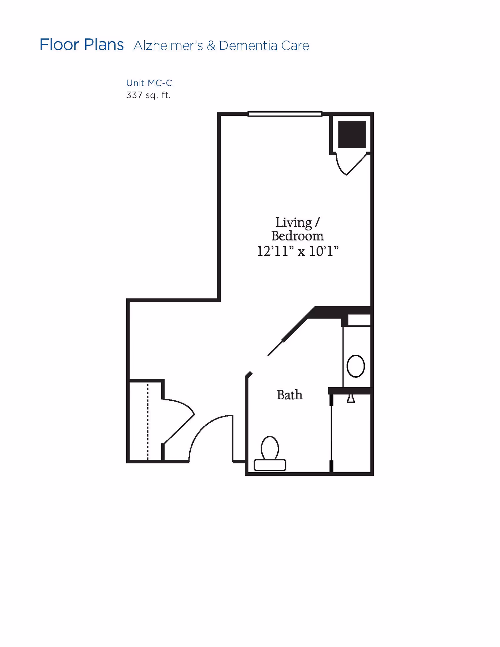 Floor plan for an Alzheimer's and Dementia Care unit MC-C at The Solana Vintage Park, showing a combined living and bedroom area measuring 12 feet 11 inches by 10 feet 1 inch, a bathroom with a toilet and shower, and an entry area with a closet.