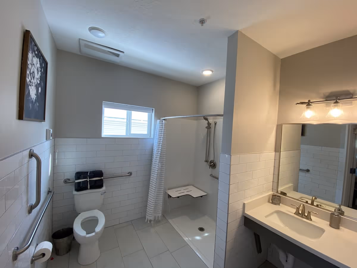A clean and accessible bathroom with white tiled walls and floor. The bathroom features a toilet with grab bars on both sides, a walk-in shower with a fold-down seat and a handheld showerhead, a white sink with a large mirror above it, and a light fixture with two bulbs. There is a small window letting in natural light and a framed floral artwork on the wall.