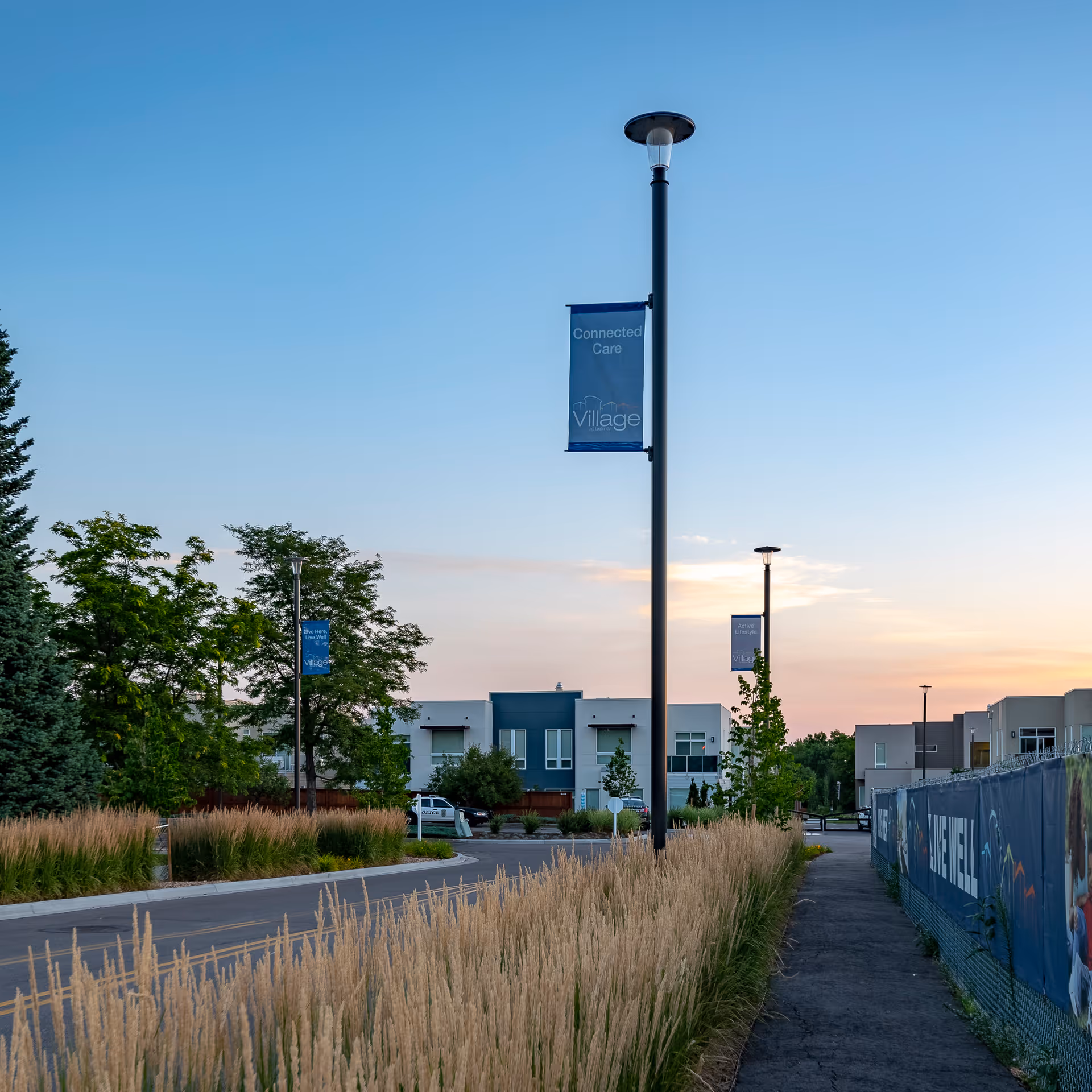A paved road and sidewalk lined with tall ornamental grasses and street lamps with blue banners reading 'Village' and phrases like 'Connected Care'. Modern buildings and trees are visible in the background under a clear sky at sunset.