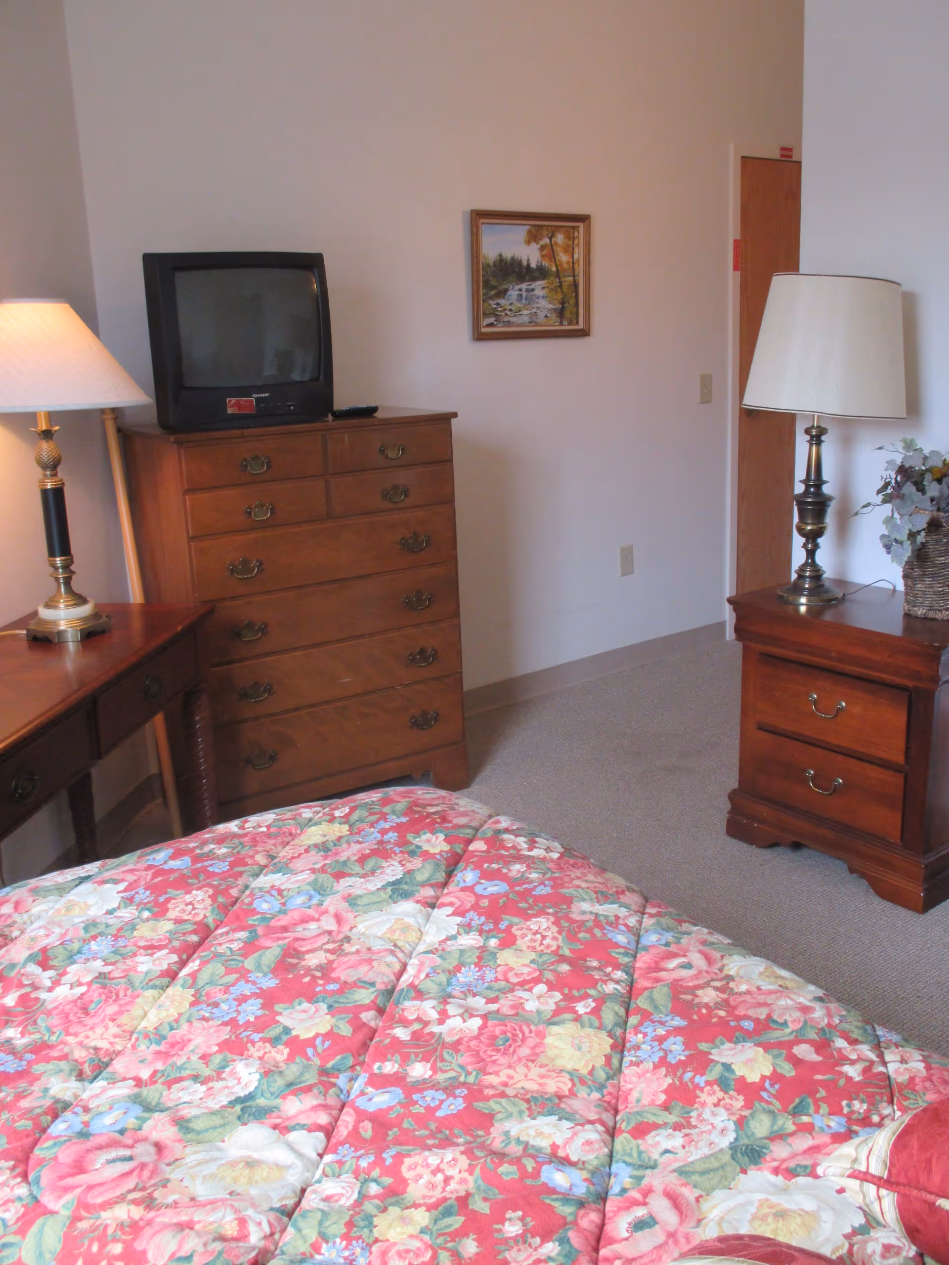 A bedroom with a floral patterned bedspread in shades of red, pink, and green. There is a wooden dresser with a small, old-style television on top, a wooden nightstand with a lamp and a small plant, and a wooden desk with another lamp. A framed landscape painting hangs on the wall above the dresser.