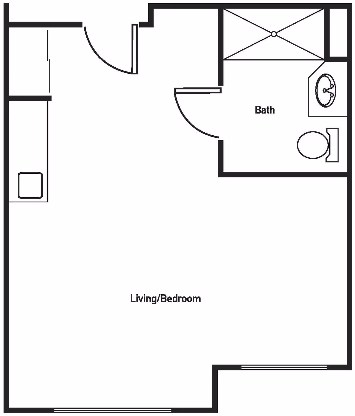 Black and white architectural floor plan of a studio apartment with a combined living and bedroom area, a bathroom with a shower, toilet, and sink, and an entry area with a closet.