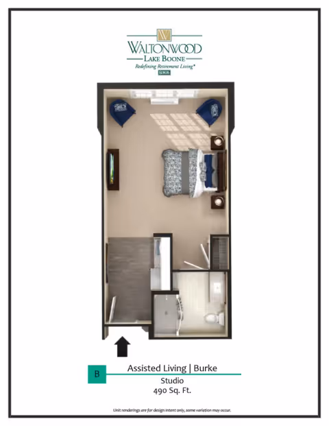 Top-down floor plan rendering of a studio assisted-living unit showing a bed, seating area, kitchenette and bathroom under the Waltonwood Lake Boone logo.