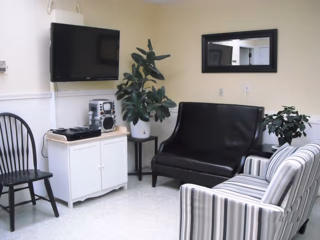 Small common-room seating area with a wall-mounted TV, stereo on a cabinet, potted plants, and several chairs and couches.