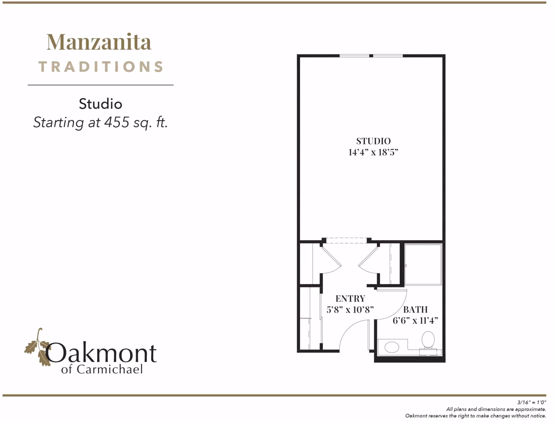 Floor plan of a studio apartment named Manzanita Traditions at Oakmont of Carmichael, showing a studio area measuring 14 feet 4 inches by 18 feet 5 inches, an entry area measuring 5 feet 8 inches by 10 feet 8 inches, and a bathroom measuring 6 feet 6 inches by 11 feet 4 inches. The total area starts at 455 square feet.