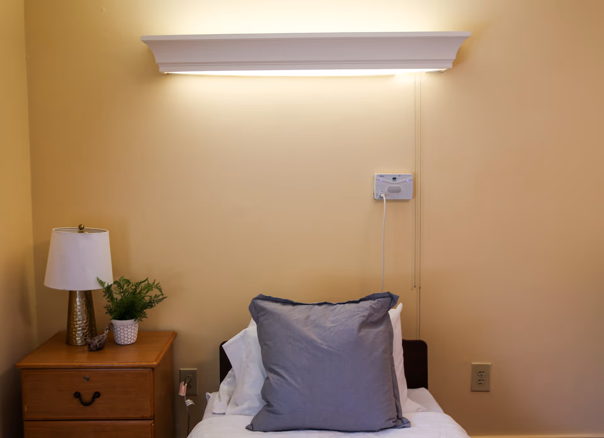 A single bed with white sheets and a large gray pillow against a beige wall. Above the bed is a wall-mounted light fixture. To the left of the bed is a wooden nightstand with a white lampshade and a small potted plant.