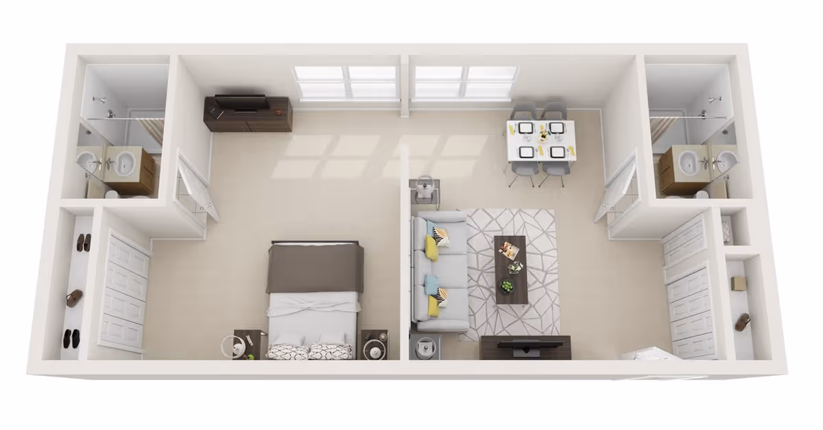 3D floor plan of a senior living apartment at White Oaks showing a bedroom with a bed, nightstands, and closet; a living room with a sofa, coffee table, TV stand, and dining area with a table and four chairs; two bathrooms with sinks, toilets, and showers located on either side of the apartment.