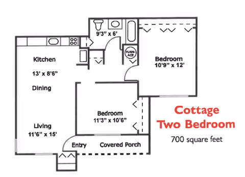 Floor plan of a two-bedroom cottage at Mountain View Independent Living, showing a kitchen, dining, and living area, two bedrooms, a bathroom, entry, and covered porch. The total area is 700 square feet.