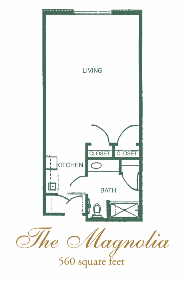 Floor plan of The Magnolia apartment at Arbor House Of Norman, showing a 560 square feet layout with a living area, kitchen, bathroom, and two closets.