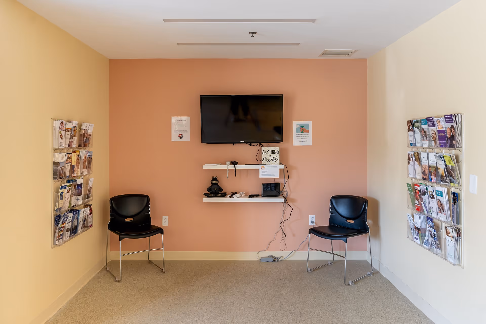 A small waiting or sitting area with two black chairs placed against a peach-colored wall. A flat-screen TV is mounted on the wall above two white shelves holding various items including a decorative frog and a sign that reads 'Anything is Possible.' On either side of the chairs, there are wall-mounted brochure holders filled with pamphlets. The room has beige walls and a light-colored floor.