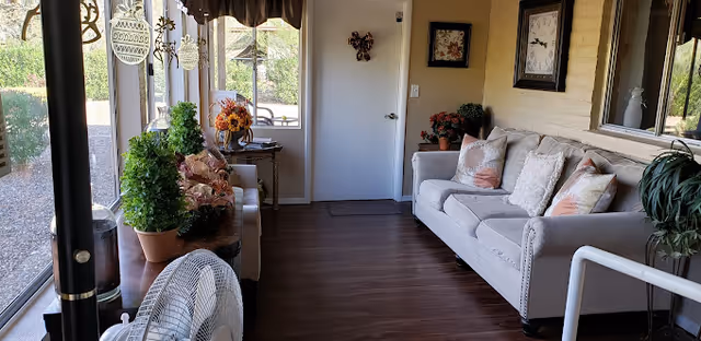 Sunlit enclosed sitting area with a sofa, several potted plants, decorative accents and large windows overlooking a garden.