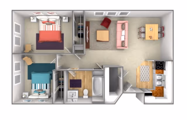 Top-down floor plan of a senior living apartment featuring two bedrooms, one bathroom, a living room with a sofa and armchair, a dining area with a table and four chairs, and a kitchen with appliances and counter space.
