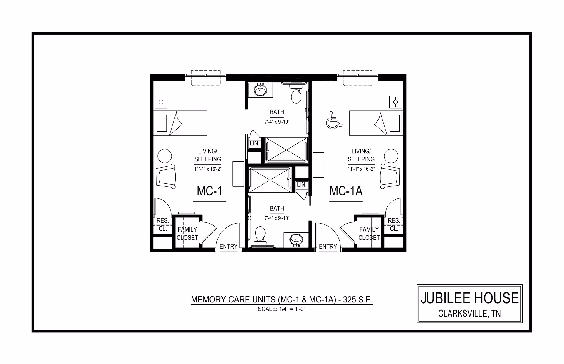 Architectural floor plan showing two memory care units labeled MC-1 and MC-1A, each with a living/sleeping area, family closet, resident closet, and a bathroom in the center. The units are designed with dimensions and accessibility features, including a wheelchair symbol in MC-1A. The plan is titled 'Memory Care Units (MC-1 & MC-1A) - 325 S.F.' with a scale of 1/4 inch equals 1 foot. The bottom right corner has a label for Jubilee House, Clarksville, TN.