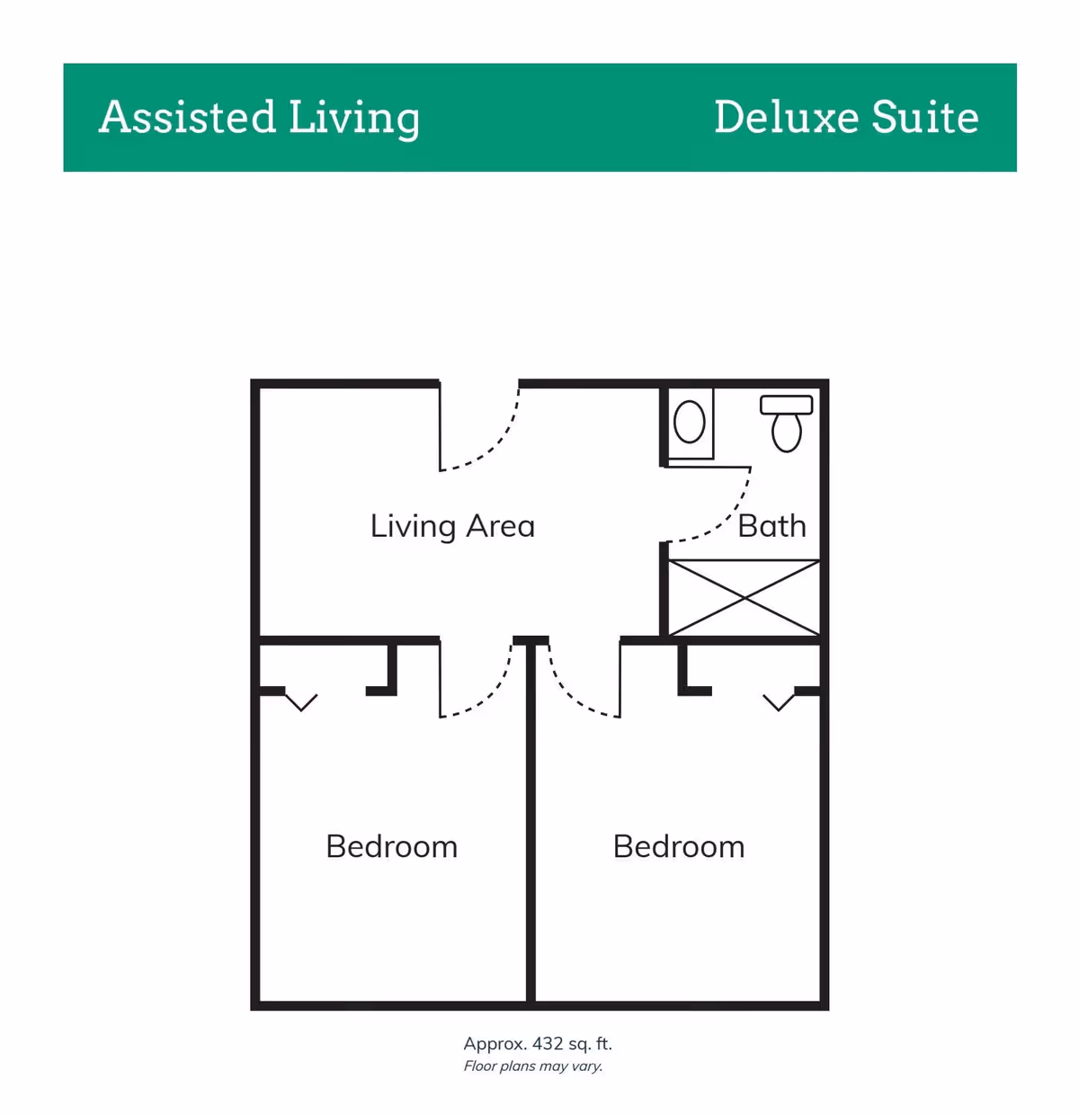 Floor plan of an assisted living deluxe suite at Sycamore Trace showing a living area, two bedrooms, and a bathroom. The layout includes doors connecting the living area to the bedrooms and bathroom.