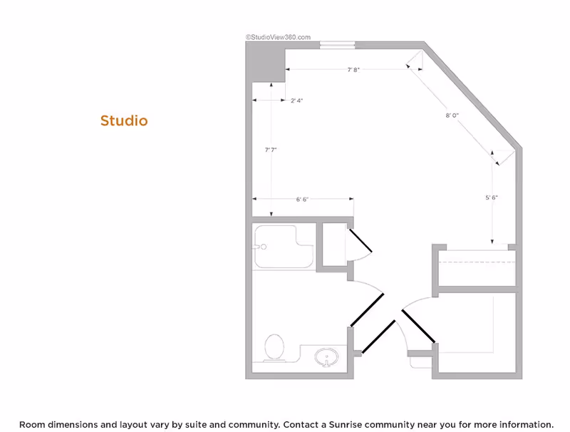 Floor plan layout of a studio apartment showing room dimensions, including a bathroom with a bathtub, toilet, and sink, and a main living area with angled walls.