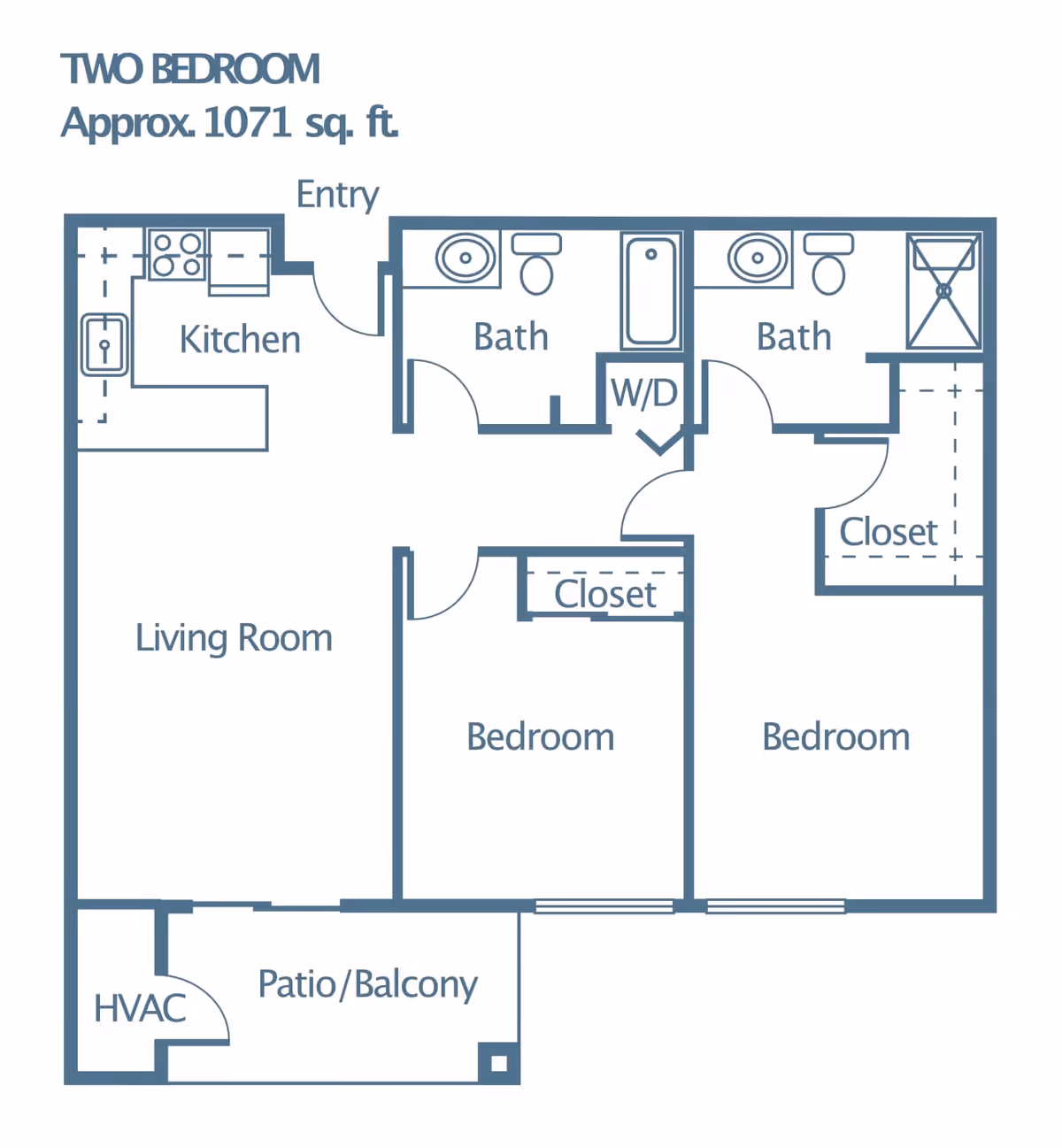 Floor plan of a two-bedroom apartment approximately 1071 square feet, showing entry, kitchen, living room, two bedrooms each with a closet, two bathrooms, a patio/balcony, and an HVAC area.
