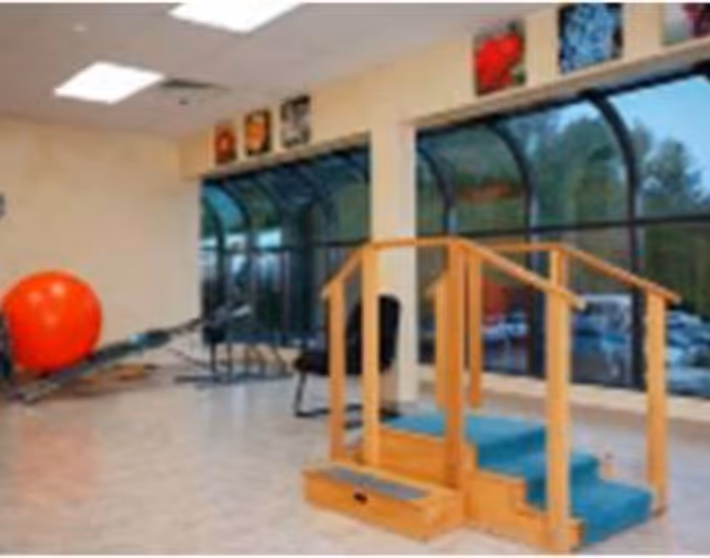 Indoor rehabilitation room with a wooden staircase with blue carpet steps, a large red exercise ball, exercise equipment, and large windows showing an outdoor view.