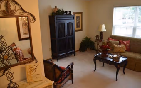 A cozy living room with a beige carpet, a dark wooden coffee table with decorative items, a greenish sofa with red and gold cushions, a side table with a lamp, a black wooden cabinet against the wall, a framed picture, a green plant, and a wicker chair with a red cushion. A mirror and decorative wall art are visible on the left side.