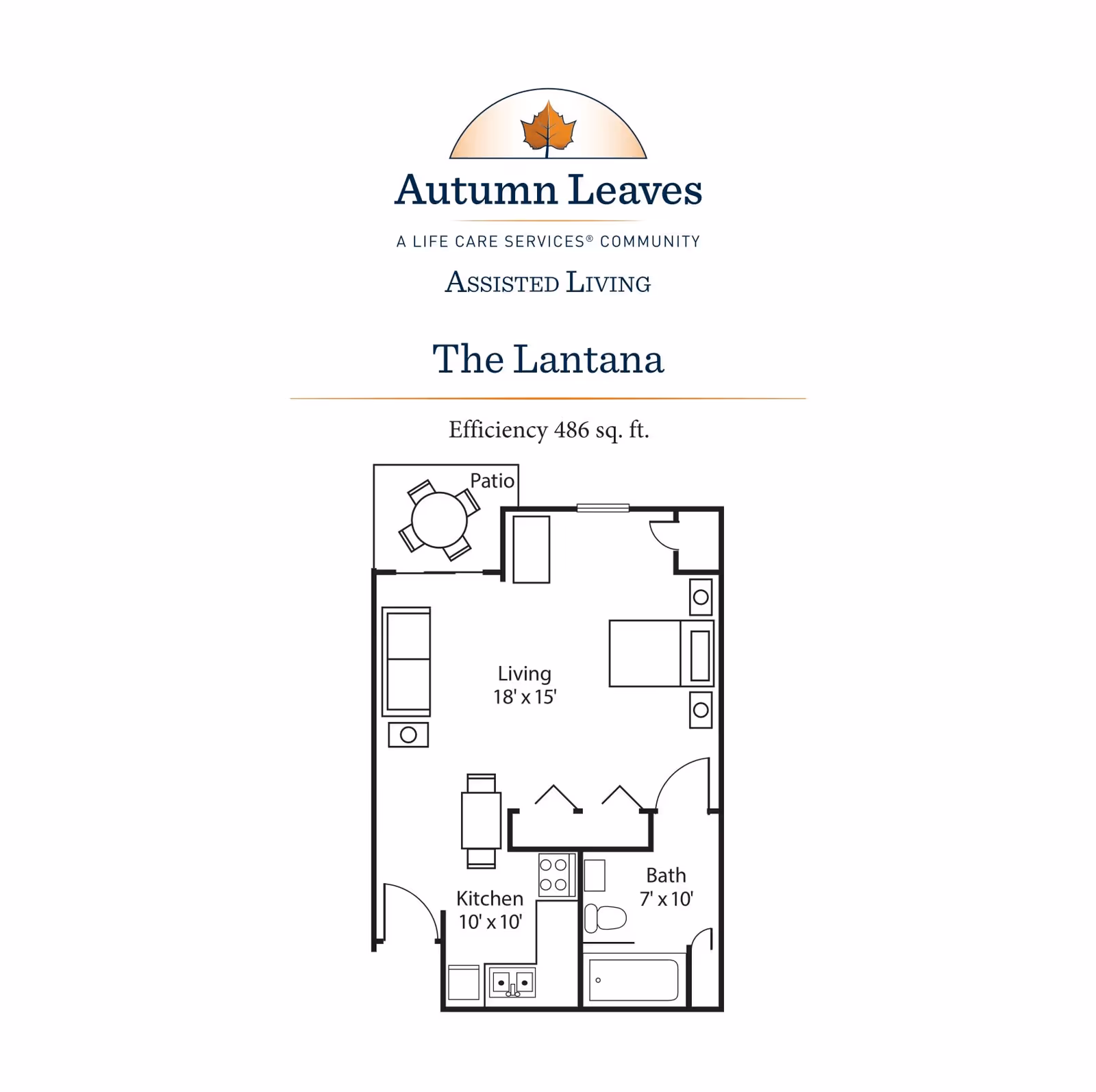 Floor plan of The Lantana efficiency apartment at Autumn Leaves assisted living community, showing a living area of 18 by 15 feet, a kitchen of 10 by 10 feet, a bathroom of 7 by 10 feet, and a patio with a table and chairs. The layout includes a bed, sofa, dining table, kitchen appliances, and bathroom fixtures.
