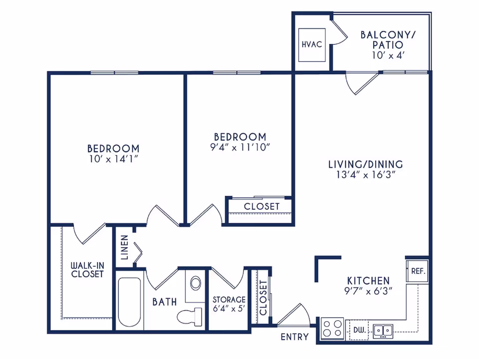 Floor plan of a two-bedroom apartment showing bedrooms, living/dining area, kitchen, bathroom, closets, storage and a balcony.