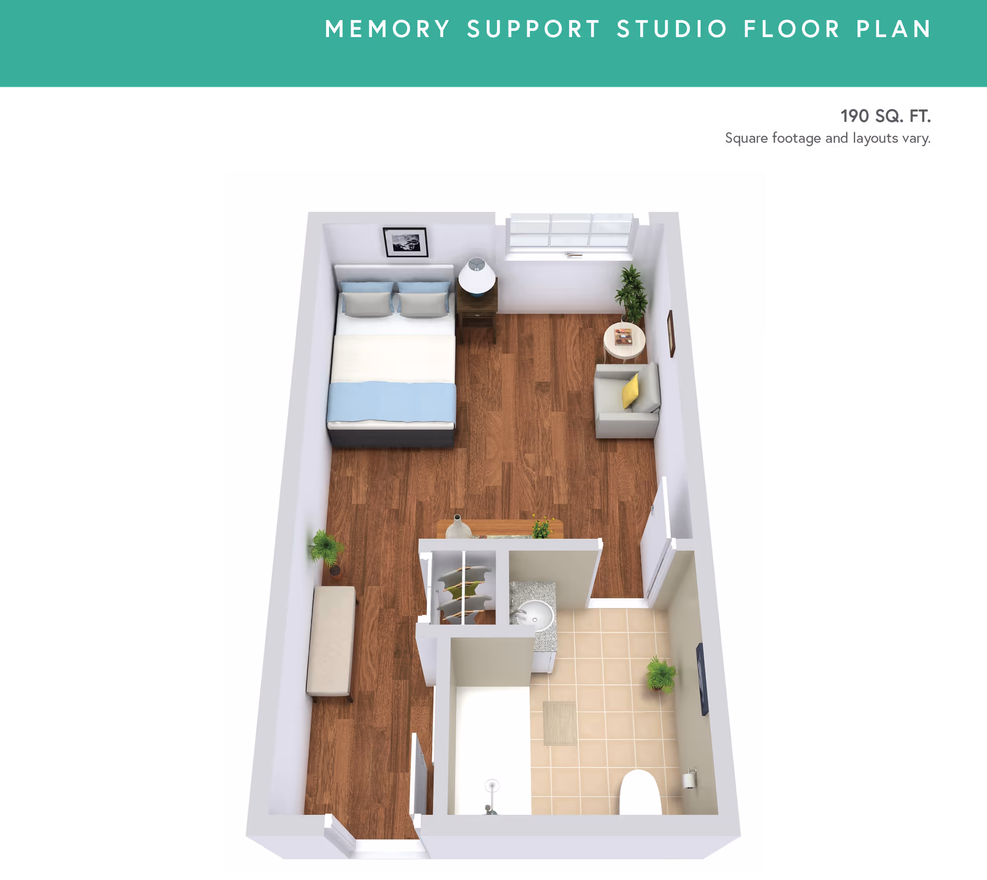 3D floor plan of a memory support studio apartment featuring a sleeping area with a bed, nightstand, and armchair, a small closet, and a bathroom with a bathtub, sink, and toilet. The flooring is wood in the main area and tile in the bathroom.