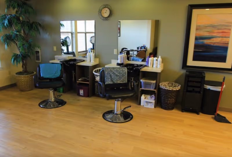 Interior salon area with two styling chairs and mirrors, hair products on counters, a potted plant, and framed artwork on the wall.