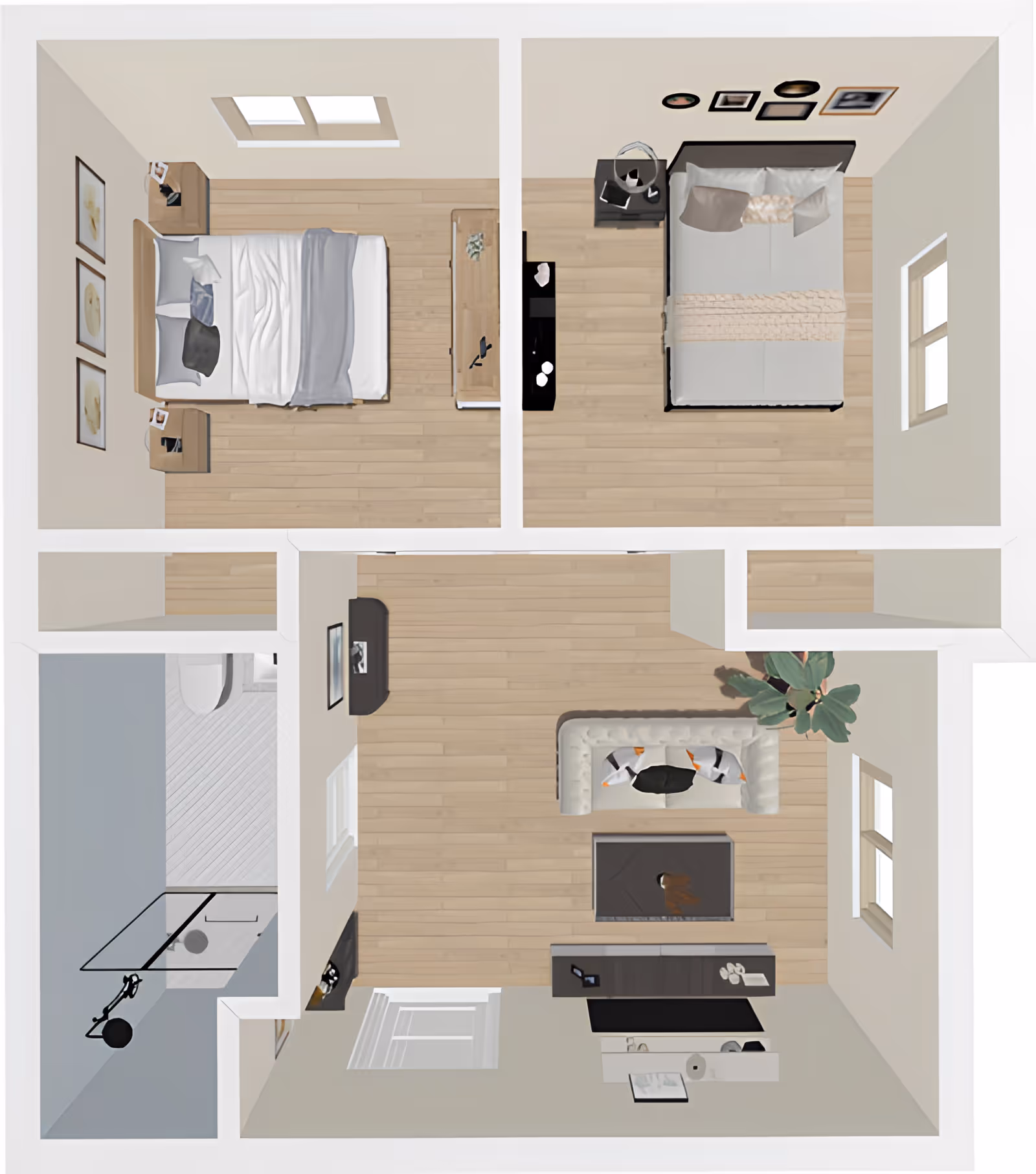 Top-down view of a floor plan showing two bedrooms, a living room with a sofa and TV, and a bathroom with a shower. The bedrooms have beds, nightstands, and wall decorations. The living room includes a plant and a TV stand.