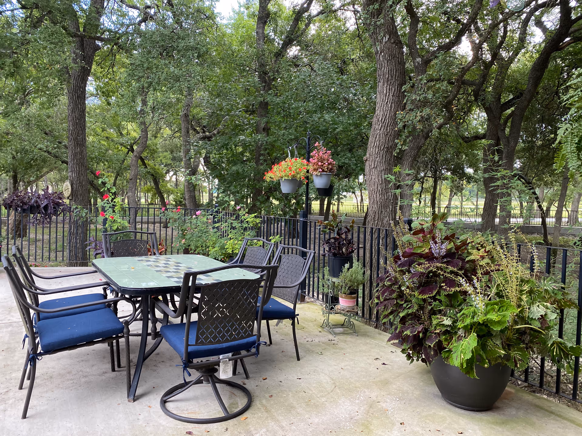 Outdoor patio area with a metal table and six chairs with blue cushions surrounded by a black metal fence. There are various potted plants and hanging flower baskets around the patio, with large trees and greenery in the background.