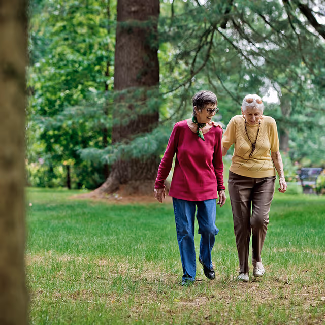Two elderly women walking together on a grassy area in a park-like setting with large trees in the background. One woman is wearing a red sweater and blue jeans, and the other is wearing a yellow sweater and brown pants. They appear to be enjoying each other's company outdoors.