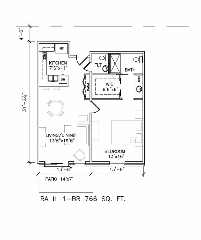 Architectural floor plan of a one-bedroom apartment at Tapestry San Marco, showing a kitchen, living/dining area, bedroom, walk-in closet, bathroom, toilet, linen closet, and a patio. Dimensions and layout details are included.