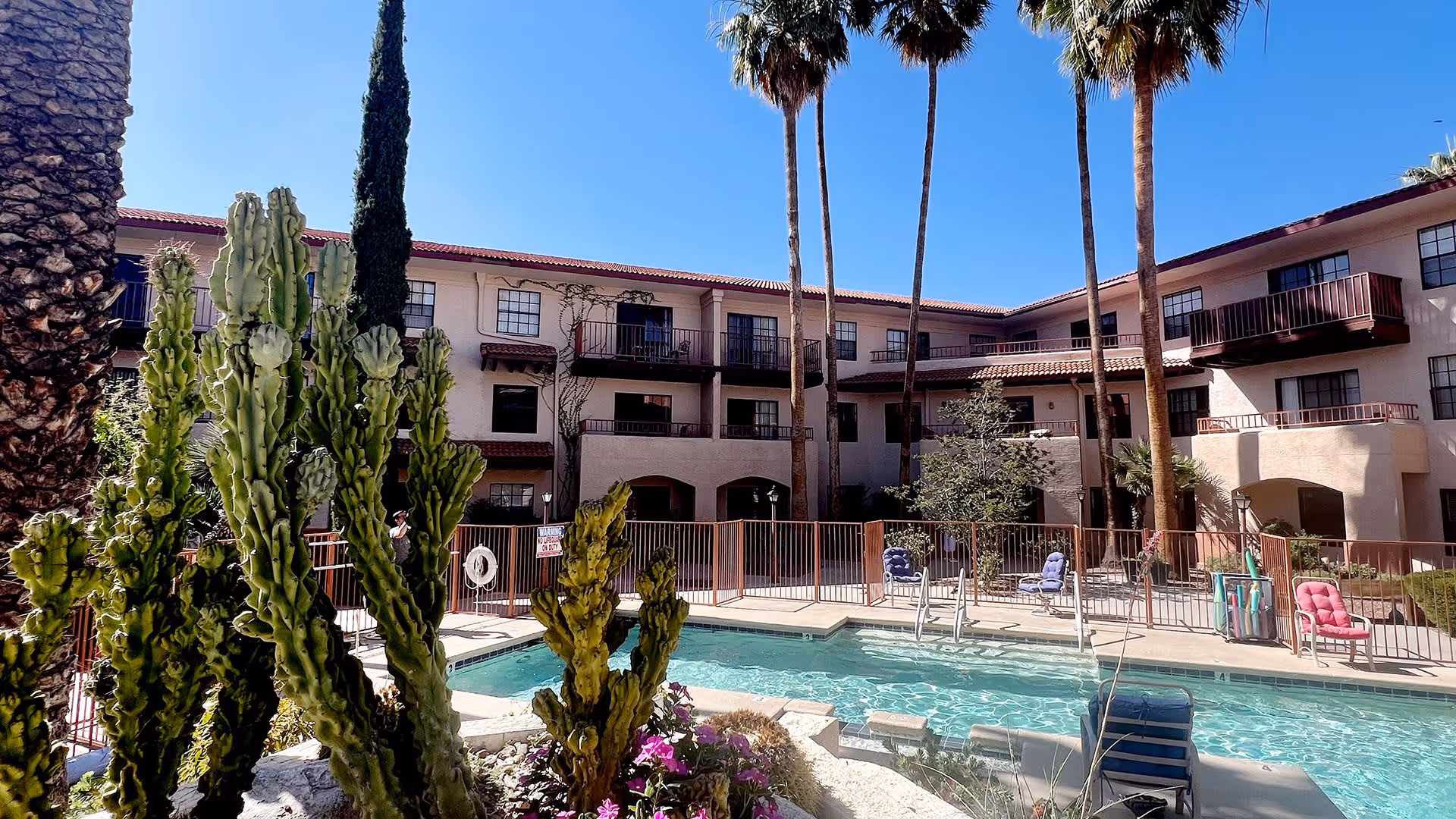 Outdoor view of a senior living facility courtyard with a swimming pool surrounded by a safety fence. There are several tall palm trees and cacti plants around the pool area. The building has three stories with balconies overlooking the pool. The sky is clear and blue.