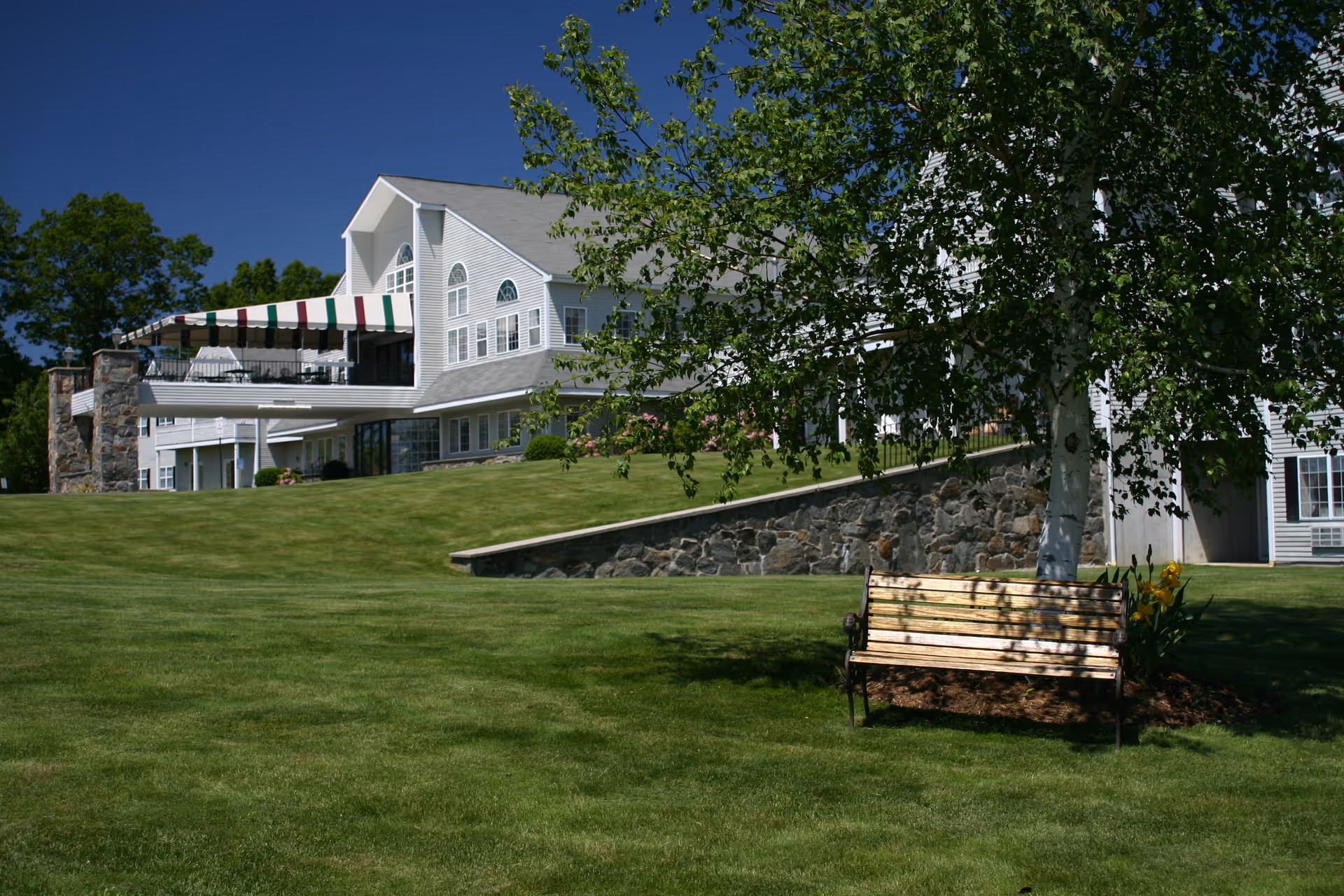 Large white senior living building with a striped awning on a manicured lawn and a bench under a tree in the foreground.