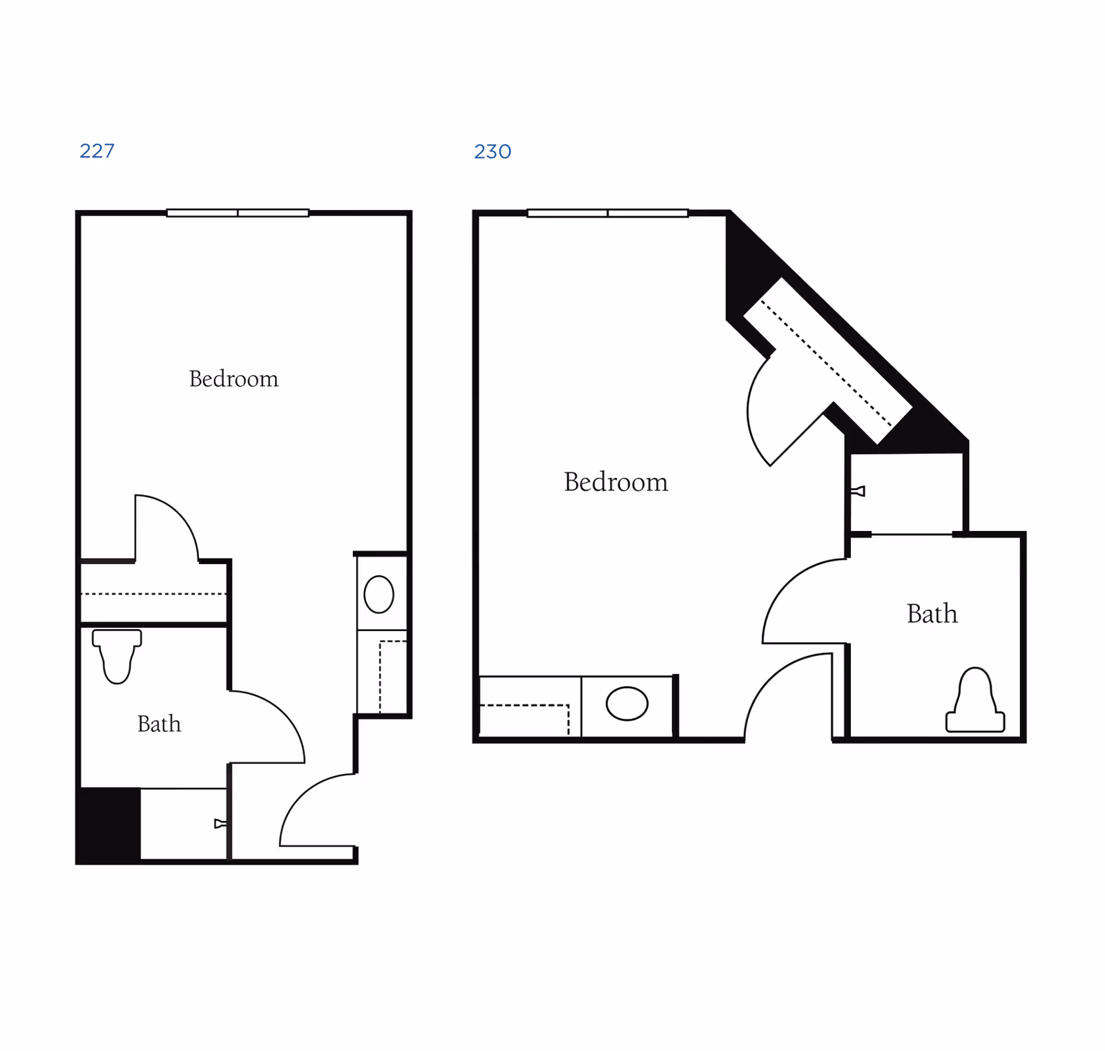 Floor plans for two different rooms labeled 227 and 230, each showing a bedroom and a bath area with basic fixtures.