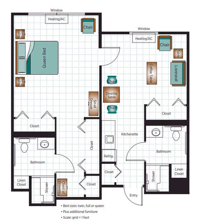 Floor plan of a senior living unit at Belmont Village Senior Living Sunnyvale showing two bedrooms each with a queen bed, nightstands, chairs, closets, two bathrooms with showers, linen closets, a kitchenette with refrigerator, dinette table with chairs, loveseat, coffee table, and entry area. The layout includes heating/AC units and various furniture placements.