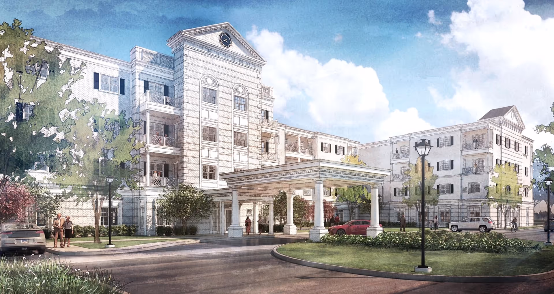 Illustration of the exterior front view of The Bristol Senior Living at Worthington Hills, showing a large multi-story building with balconies, a covered entrance driveway, trees, parked cars, and people walking around under a partly cloudy sky.