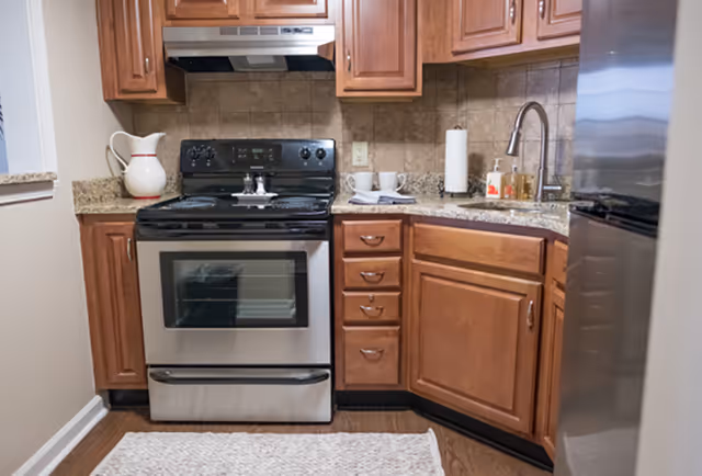 A compact kitchen featuring wooden cabinets, a stainless steel electric stove with oven, a granite countertop with a sink and faucet, a paper towel holder, soap dispensers, a white pitcher, and a stainless steel refrigerator. The backsplash is tiled and the floor is wooden with a light-colored rug in front of the stove.
