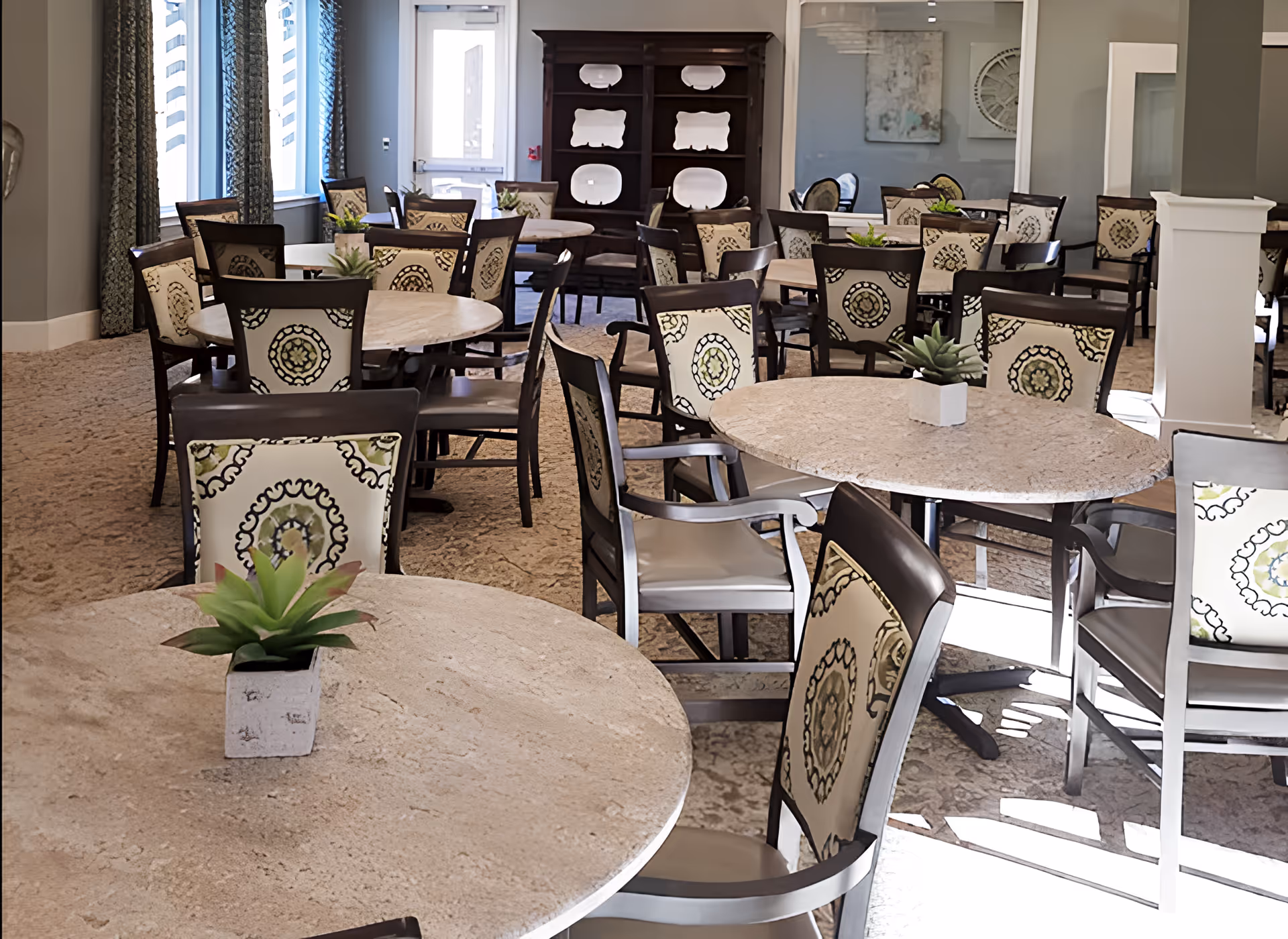 A bright dining room with multiple round tables and patterned chairs, each table topped with a small potted succulent.
