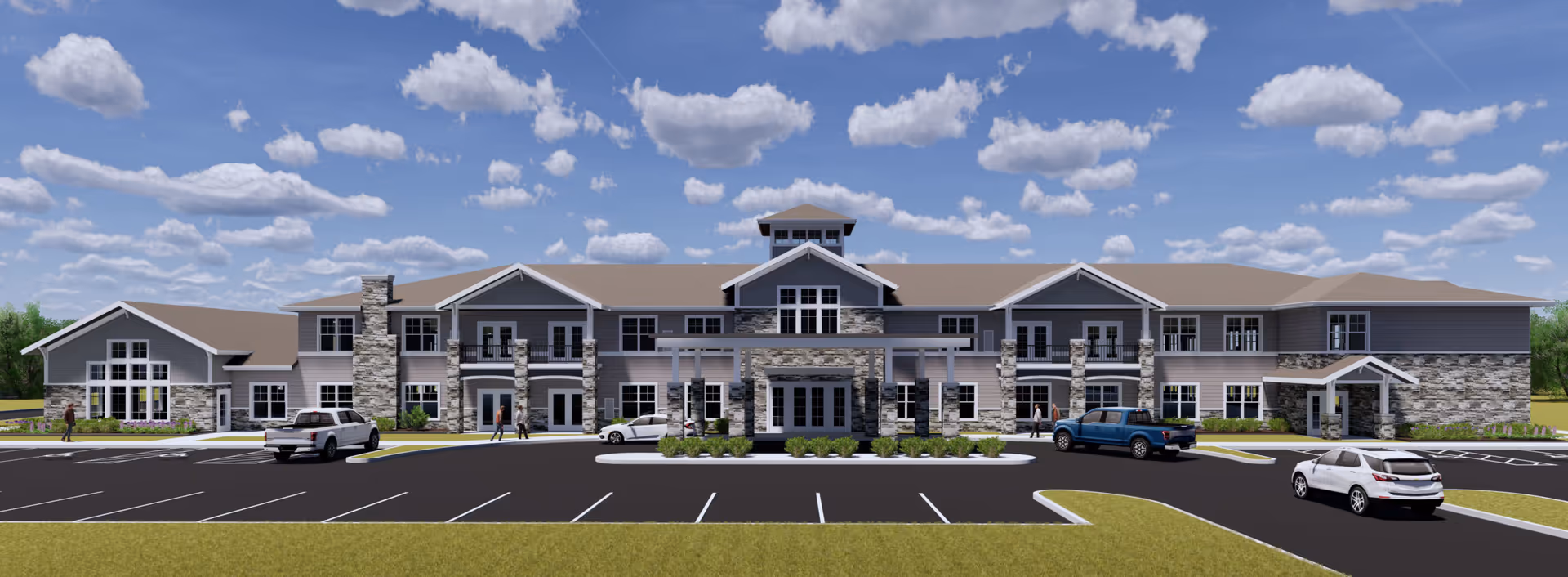 Front exterior view of Cedarhurst Senior Living of Arnold, a two-story building with stone and gray siding, multiple windows, a covered entrance, and a parking lot with several cars and people walking nearby under a partly cloudy sky.