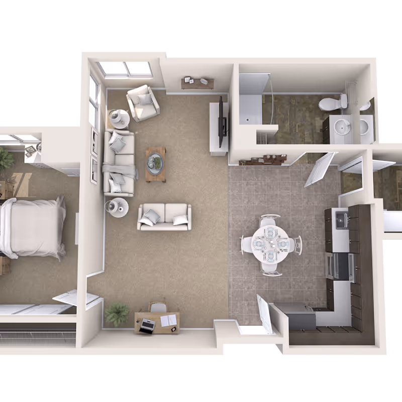 3D floor plan of an apartment unit showing a living room with sofas, a coffee table, an armchair, a TV, and a desk. Adjacent to the living room is a kitchen and dining area with a round dining table set for four, kitchen cabinets, a stove, and a refrigerator. The floor plan also includes a bedroom with a bed and nightstand, and a bathroom with a shower, toilet, and sink.