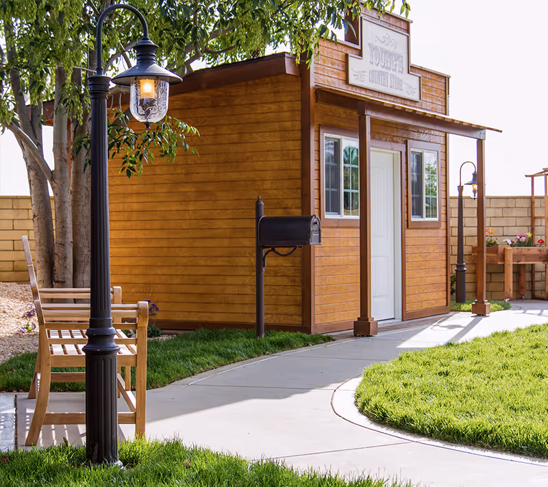 A small wooden building with a sign reading 'Young's Country Store' above the door, situated in a garden area with a curved concrete pathway, green grass, a black mailbox, a wooden bench, and a black street lamp. Trees and a brick wall are visible in the background.