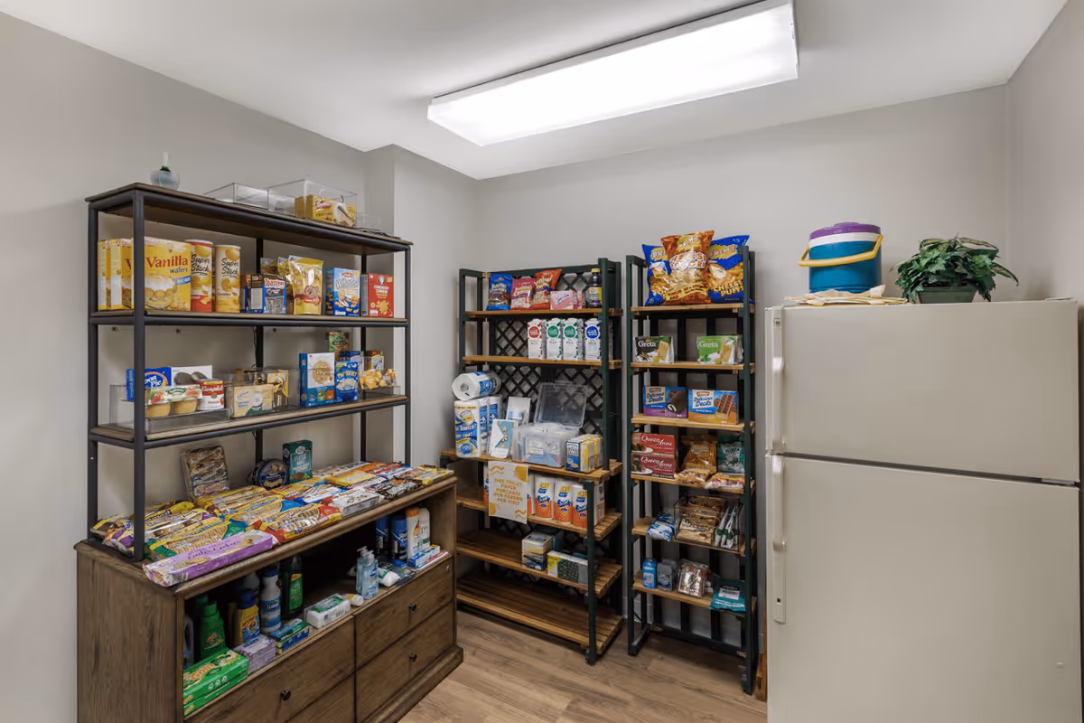 A small pantry room with shelves stocked with various packaged snacks, food items, and household supplies. There is a refrigerator on the right side with a plant and a cooler on top. The room has light-colored walls and a wooden floor.
